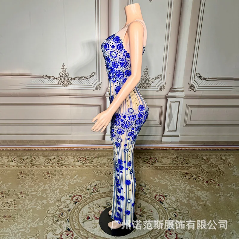 Jaar Niche Licht Luxe Temperament Elegant Blauw Strass Jaarvergadering Lange Gastheerjurk Zanger Prestatiejurk Partykleider