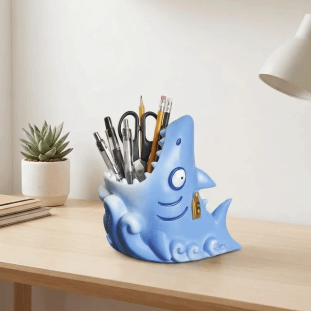 Toothbrush Holder Cartoon Shark Pen Holder Novelty Cute Desk Organizer Desktop Decoration Creative Resin Pen Holder School