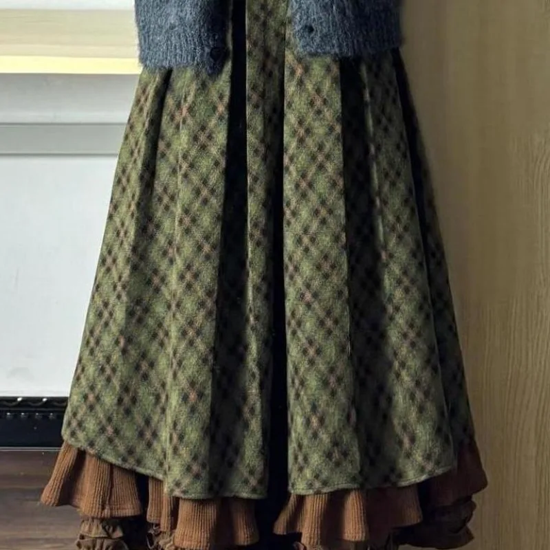 Vintage Kawaii  Mori Girl Style Autumn Winter Plaid Ruffled Maxi Skirt Korean Fashion High-Waisted A-Line Long Skirts for Women