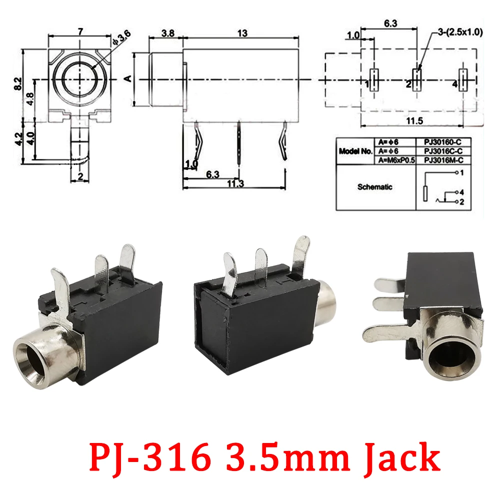 10Pcs PJ Series Headphone Jack 3.5mm 2.5mm Stereo Female Socket Audio PCB Mount Connector PJ-316 PJ307 PJ392A Interface Adapter