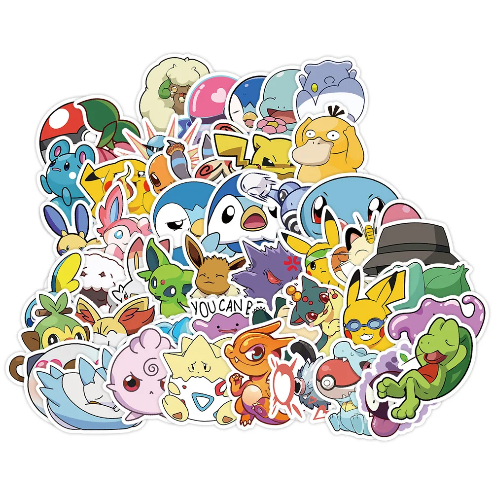 50 pçs kawaii pikachu pokemon adesivos para portátil telefone mala skate guitarra bonito dos desenhos animados adesivos presente do miúdo brinquedos