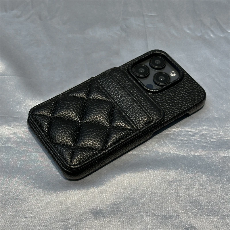 Luxury Card Pocket Wallet Leather Phone Case for iPhone 16 17pro max 15 17 14 Pro 13 12 Trendy Lattice Card Slot Matte Cover