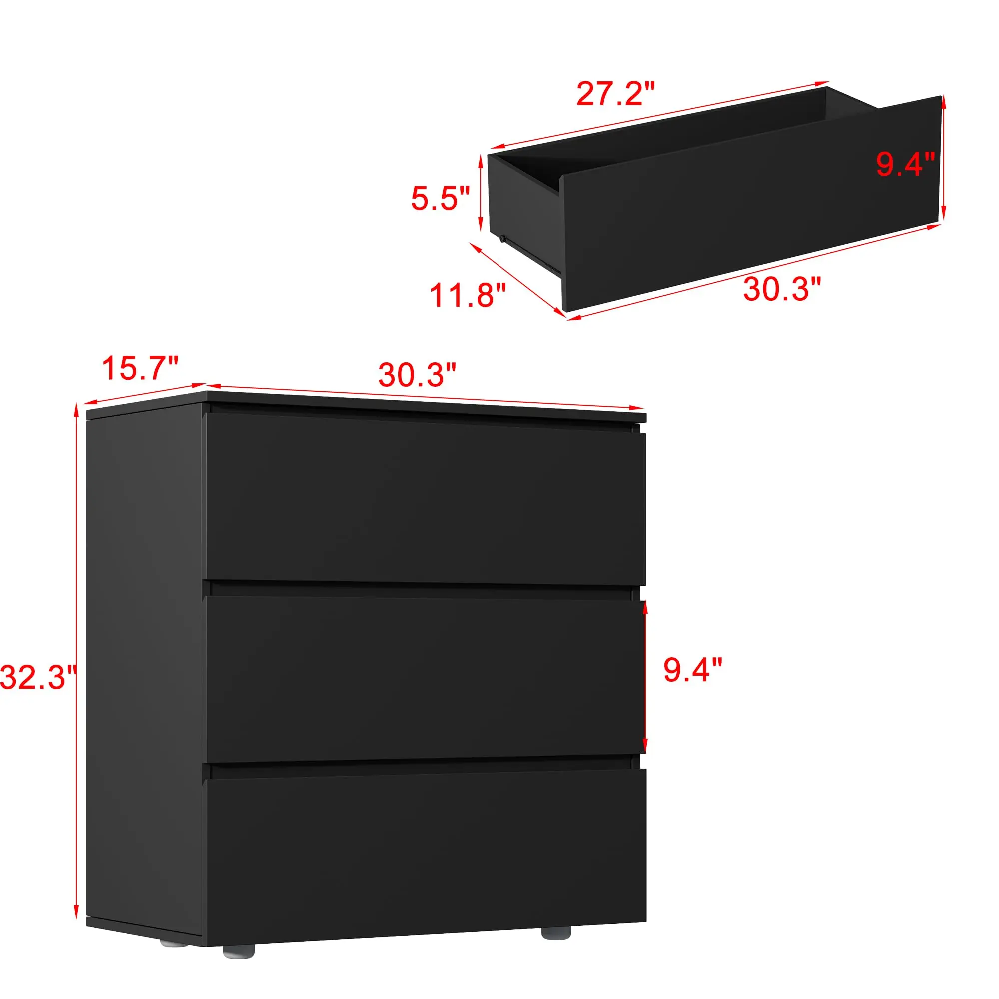 3 Drawer Dresser for Bedroom, Modern Chest of Drawers, Wooden Closet Storage Dresser Tower for Living Room, Black