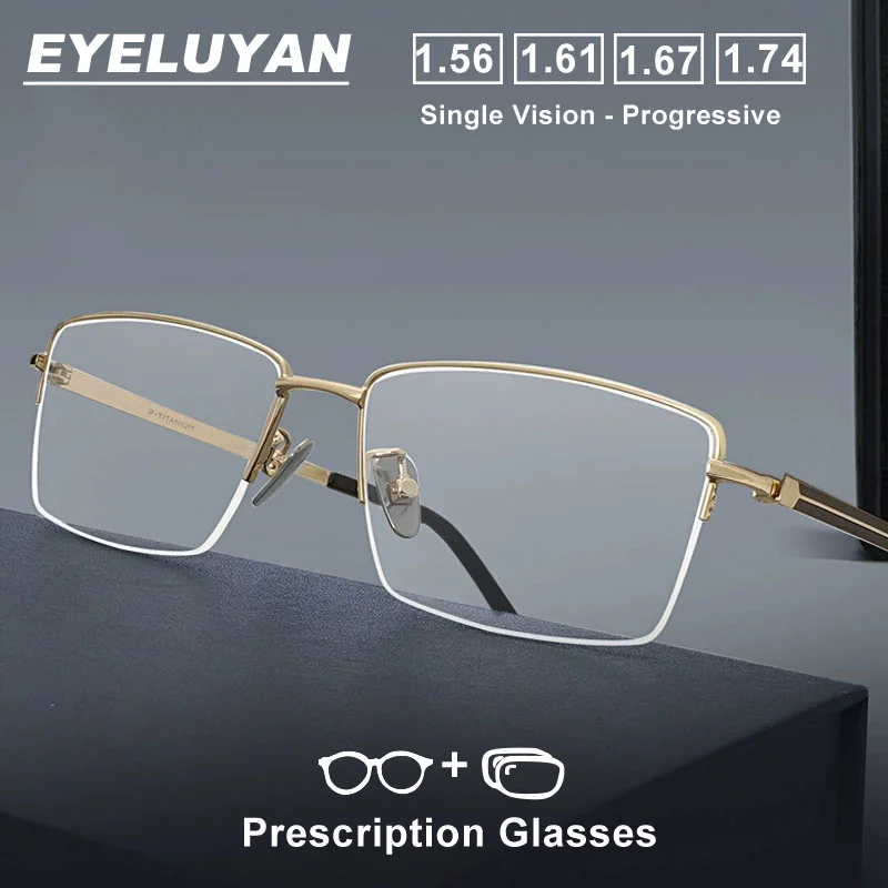 

EYELUYAN Customize Men's Prescription Glasses B-Titanium Semi-rimless Optical Myopia Anti Blue Light Recipe Eyeglasses