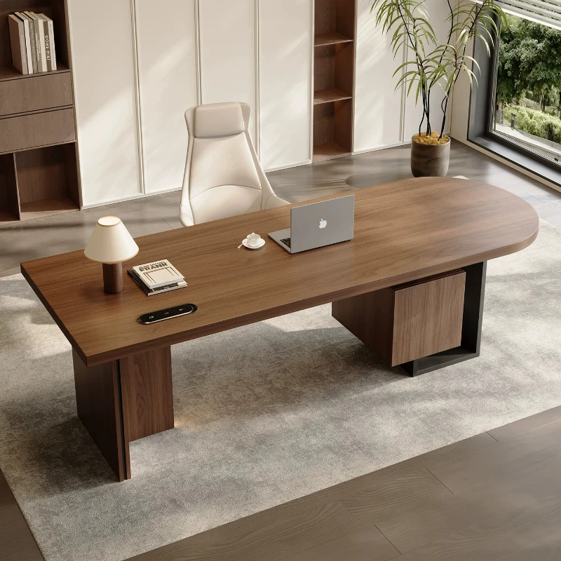 T*-Premium Walnut Wood Boss Desk with Lockable Drawers, Sleek Black Accent Computer Desk for Executive Offices*-