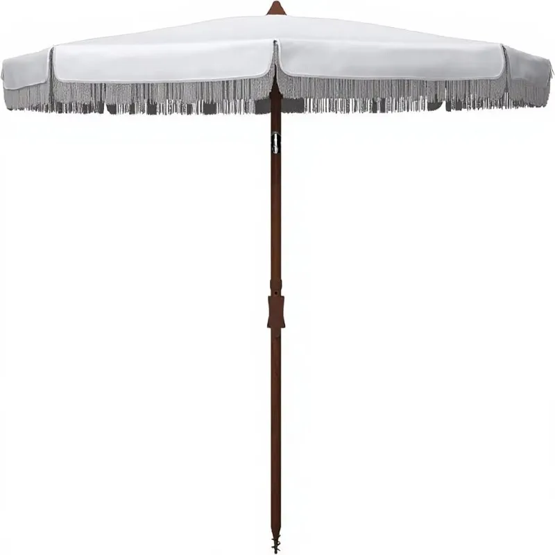 6.5ftNautical Fringe Patio Umbrella White Polyester Canopy Button Tilt UV Resistant Metal Pole Estonia Style for Garden Poolside