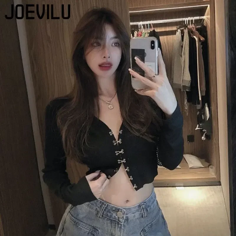 JOEVILU Chic Crop Tops Sexy V-neck Knitted Cardigan Spring and Autumn Long Sleeve T-shirt Women\'s Korean Y2k Top Gothic Clothes