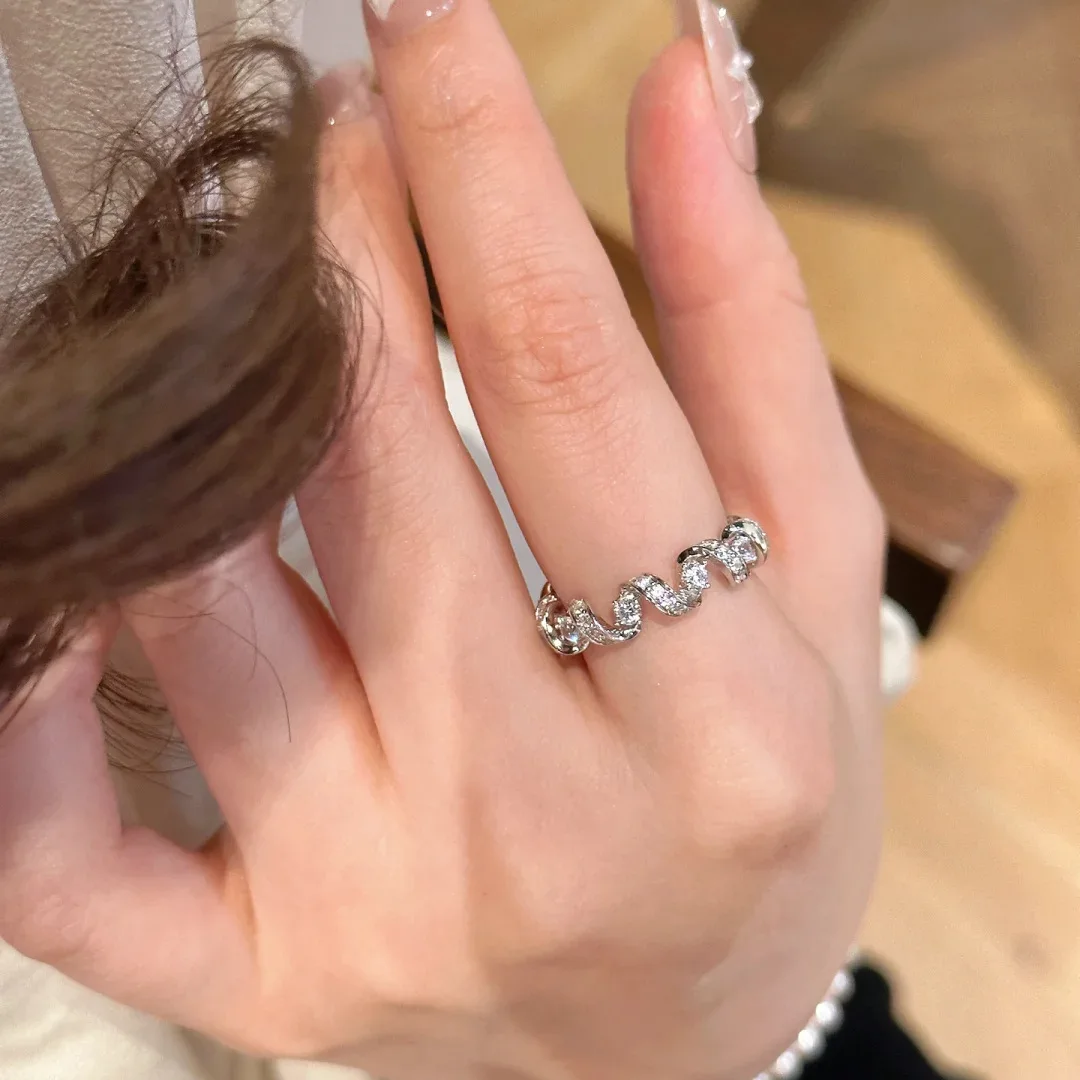 S925 Sterling Silver Ring Light Luxury Classic Exquisite Temperament Full Diamond Phone Line Winding Zircon Ring for Women
