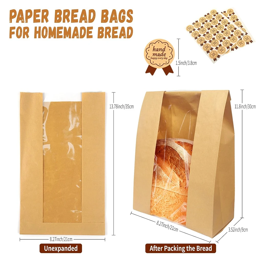Large Paper Sourdough Bread Bags Disposable Bread Bag for Homemade Bread Bread Thick Kraft Paper Bag with Clear Window