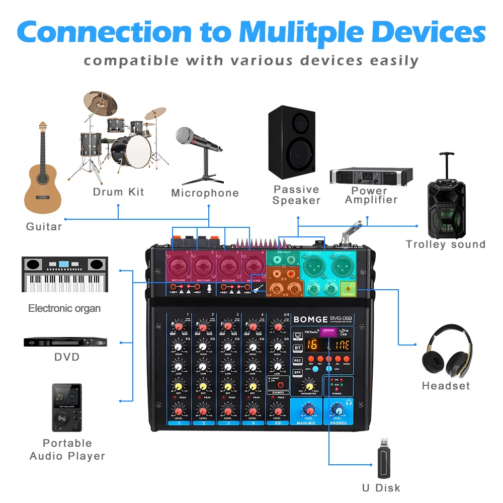 Novo amplificador estéreo de karaokê com 6 canais, mixer de áudio, interface de som, console de mixagem, 600w, bluetooth, usb, mp3, rádio fm, casa