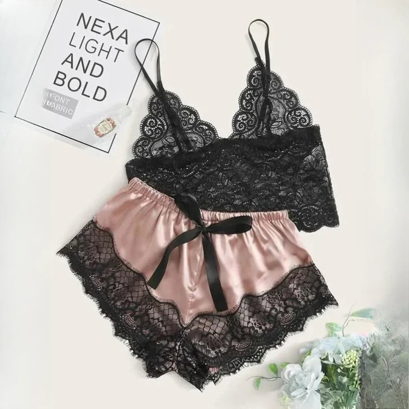 

Summer Female Lace Thin Pajama Sets Spaghetti Strap Top Shorts Sexy Lingerie Silk Satin Nightwear Home Wear Women Sleep Cloth