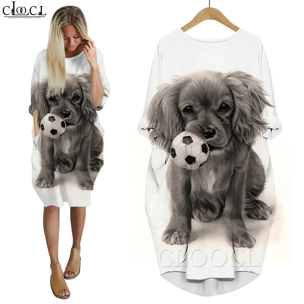 CLOOCL Women's Dress Streetwear Long Sleeves Pocket Mini Dress Loose Short Dresses Dog Holds Football Print Pullover Dress