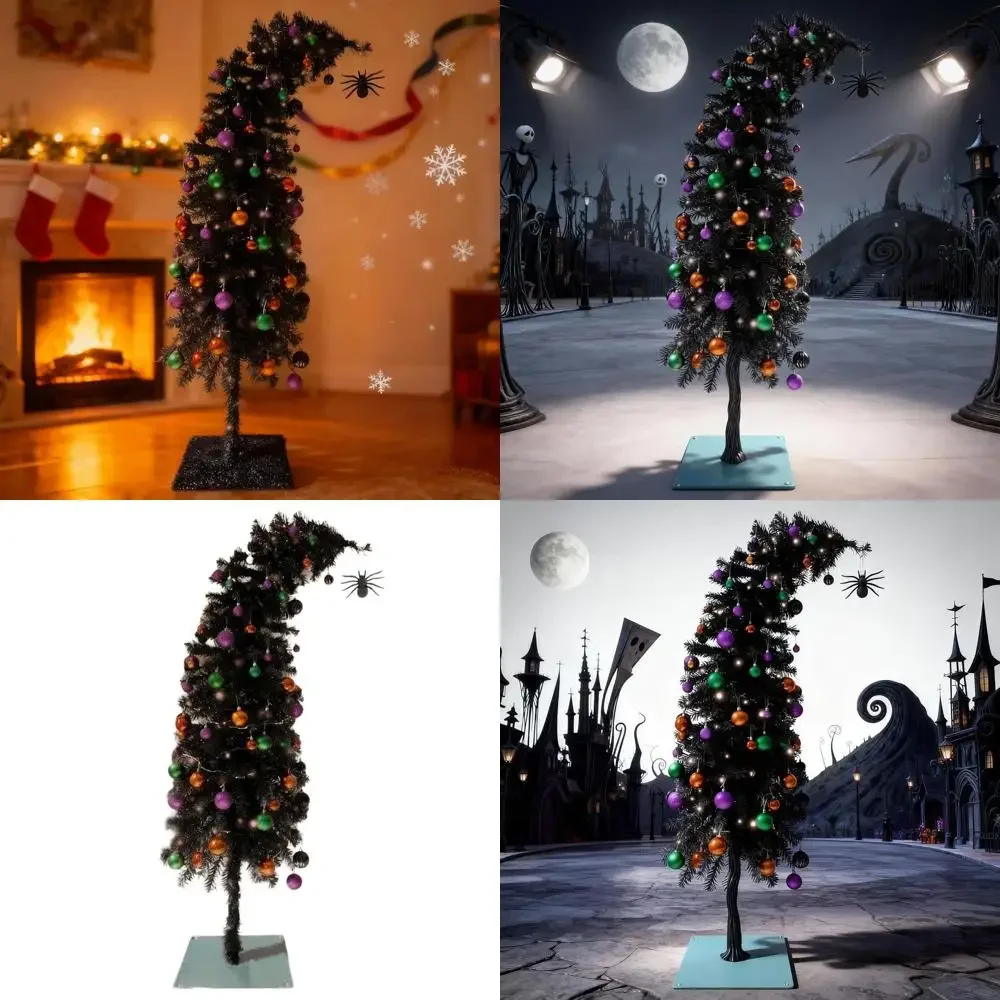 

5 Foot Pre-lit Halloween Nightmare Before Christmas Tree with 100 Orange LEDs, Tinsel, 278-Tip Xmas Pencil Tree, Spider Ornament