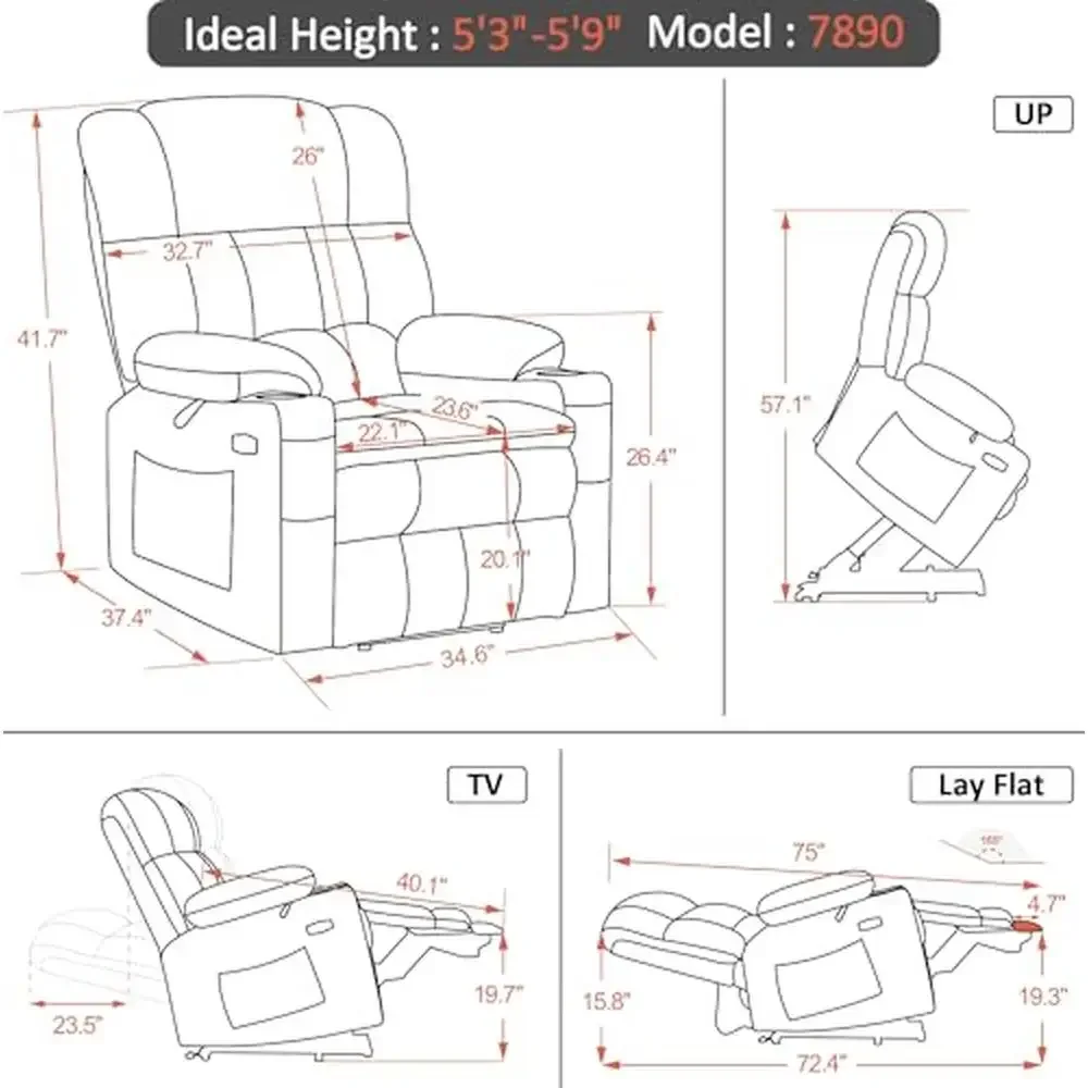 Silla reclinable Power Lift, masaje de calor, Motor Dual, posición infinita, puertos USB, portavasos, tela gris plateado 7890