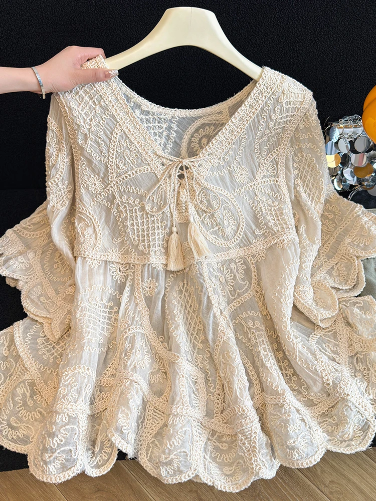 

Bohemian Embroidered Lace V-neck Shirt Women's Summer New Style Fashionable Anti-aging Sun Protection Loose Fit Button up