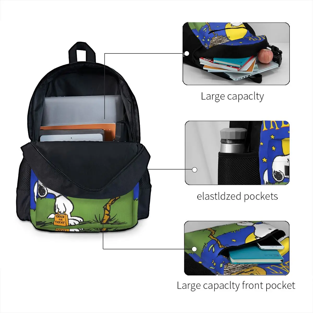 سنوبي خدعة أو علاج حقيبة ظهر للهالوين Mochila Trend للأطفال حقيبة مدرسية حقيبة ظهر للكمبيوتر للأطفال سعة كبيرة حقيبة ظهر للسفر