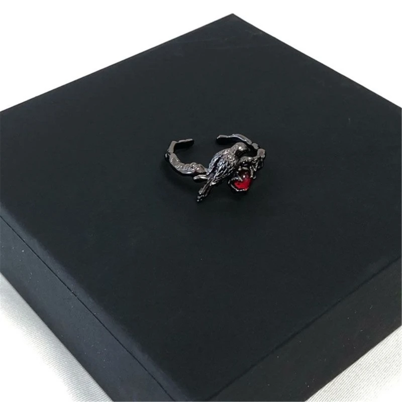 Adjustable Open Alloy Crow Ring with Red Gemstones Cosplay Jewelry Accessories C71A