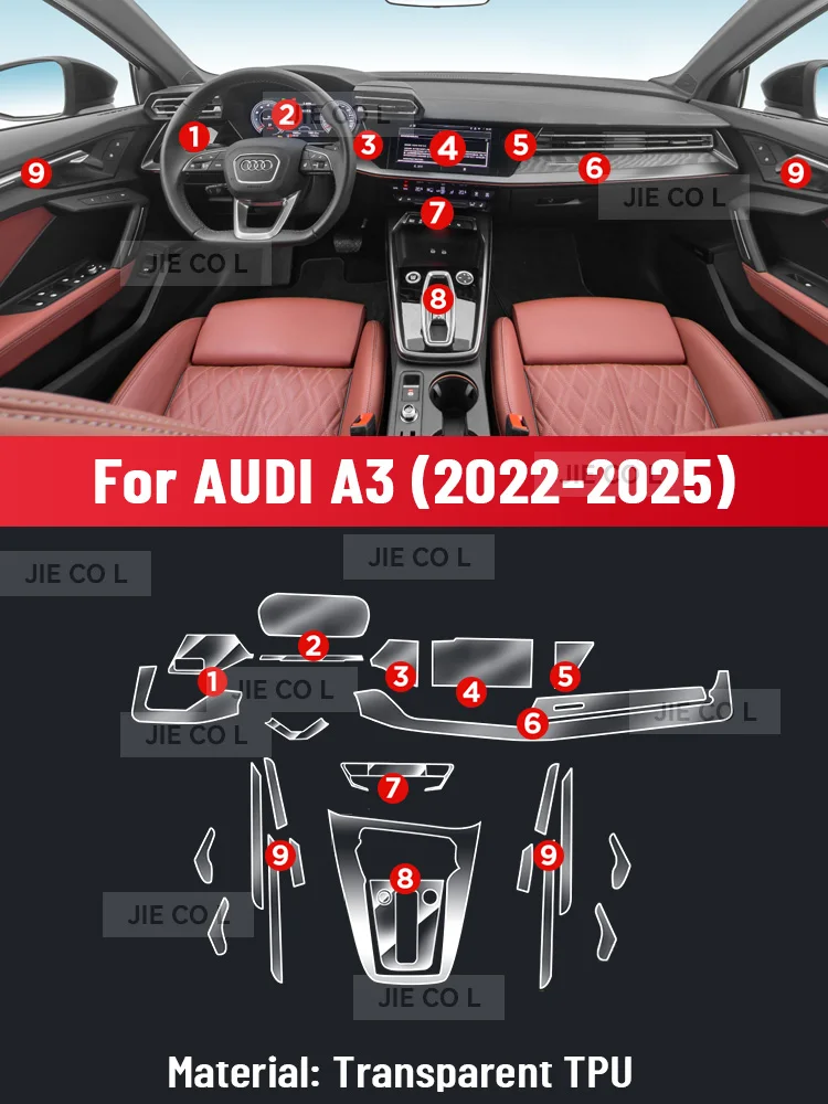 For AUDI A3 2022-2025 Anti-scratch Car Interior Transparent TPU Film Center Console Dashboard Navigation Protector Sticker