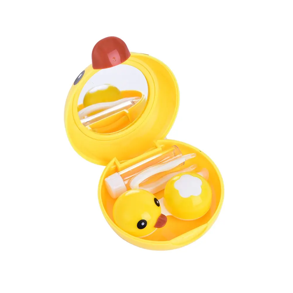 Cute Little Yellow Duck Contact Lenses Box with Mirror Portable Pocket Contact Lens Case for Women Travel Kit Holder