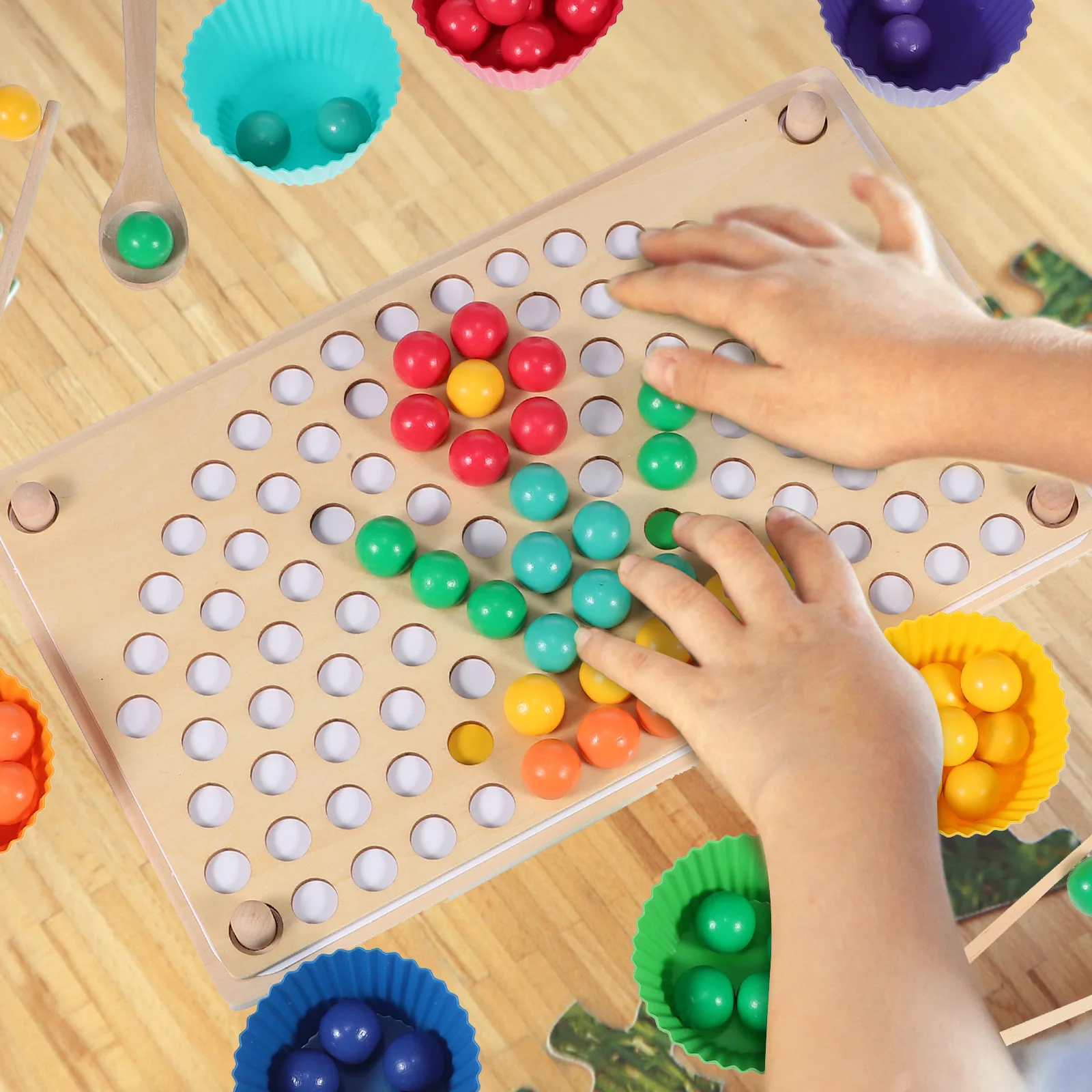 1Set Wooden Board Bead Game Educational Preschool Learning Family Bonding Chessboard Pattern Cards Colorful Beads Developmental