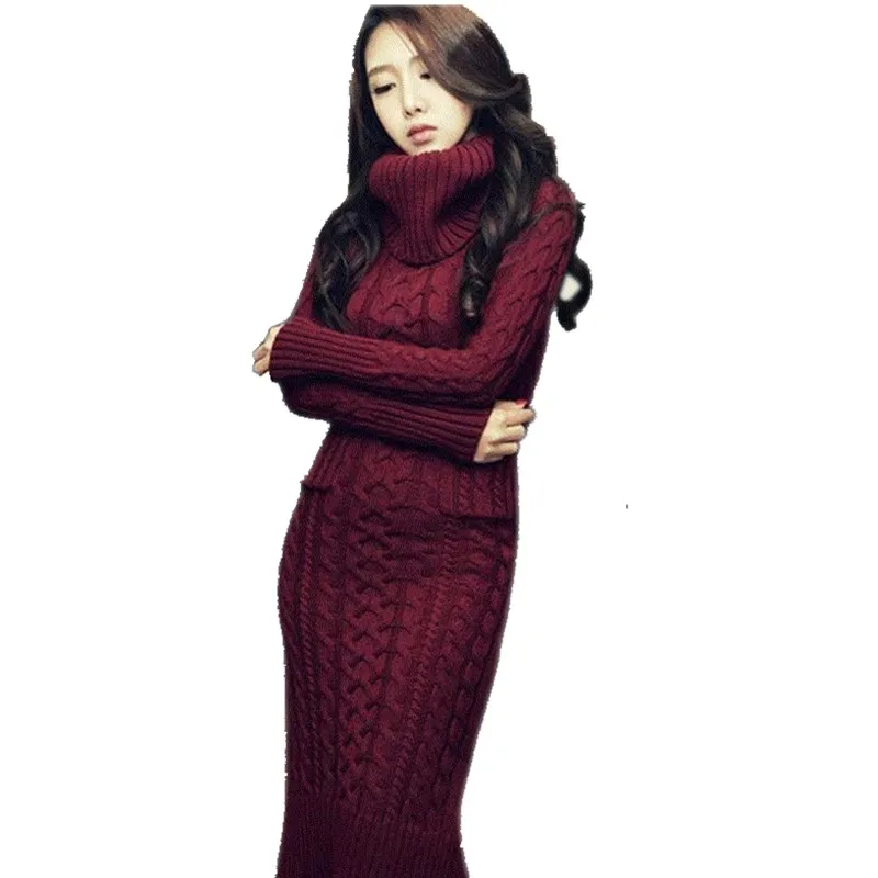 

New Women Turtleneck Stretch Long Sweater Dress 2023 New Winter Thicken Warm Twist Pull Jumpers Knit Pullover With Pocket Femme