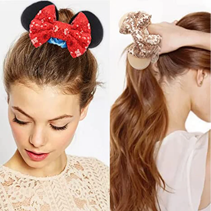 New Disney Mouse Ears Scrunchies Hairband Girl Ponytail Holder For Women Sequins Bows Headband 2024 Women Trip DIY Accessories