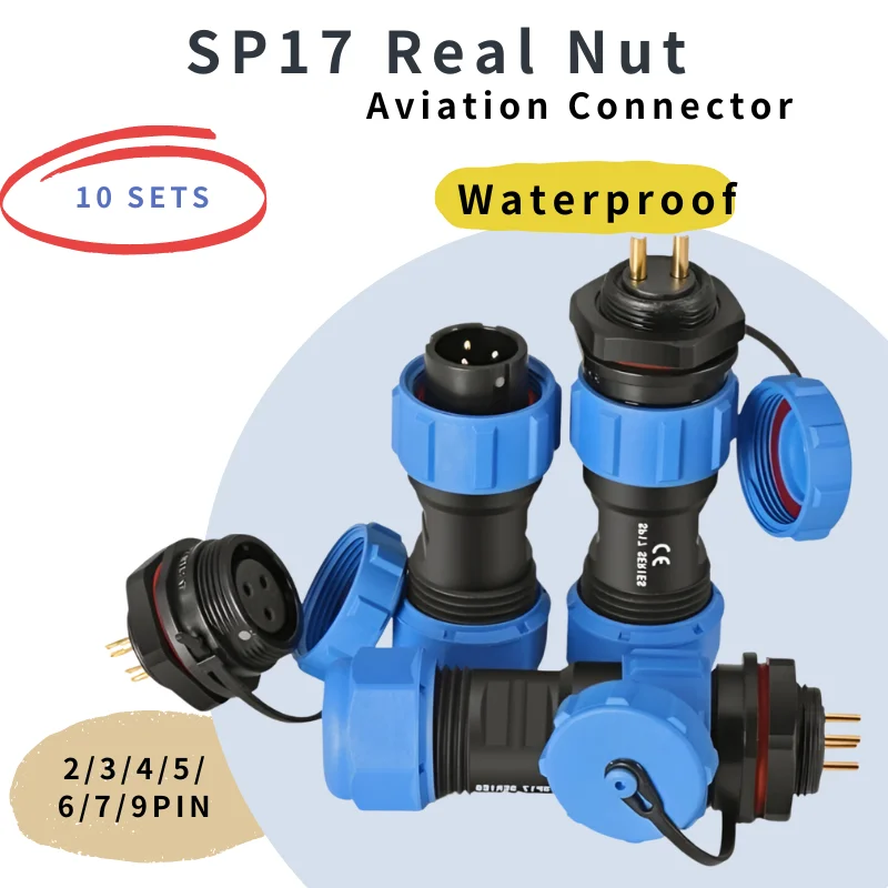 10sets SP17 Rear Nut IP68 2/3/4/5/7/9/10PIN Waterproof Connector Male Plug & Female Socket Panel Mount Wire Cable Connectors