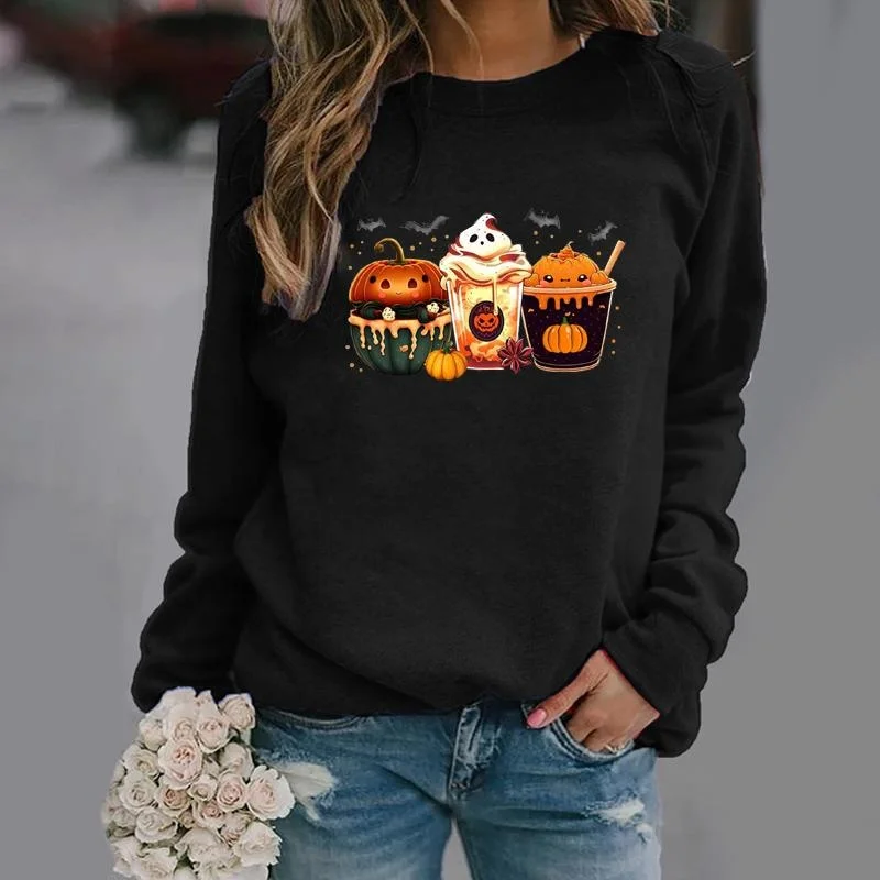 Cute Halloween Cartoon Ghost Pumpkin Pattern Printed Pullover Women\'s Fashion Outdoor Streetwear Crew Neck Sweater