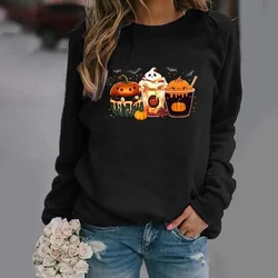 Cute Halloween Cartoon Ghost Pumpkin Pattern Printed Pullover Women's Fashion Outdoor Streetwear Crew Neck Sweater