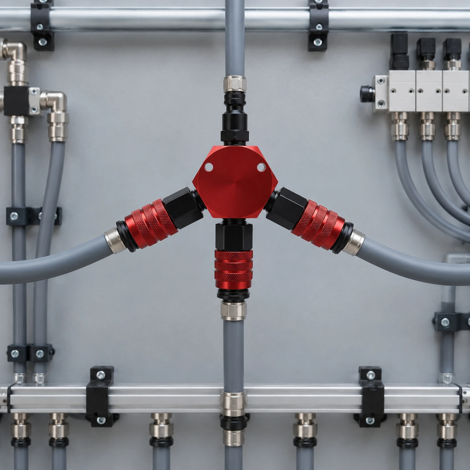 Pneumatic Hose Splitter Space-Saving 1/4 NPT Three-Way Air Connector Self-Locking Quick-Connect Fitting Knurled Sleeve