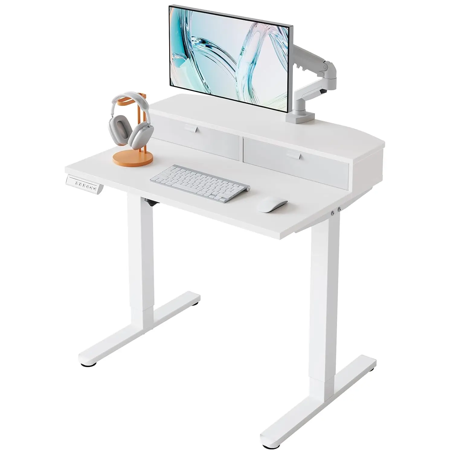 32x21 Inch Electric Standing Desk with Drawers & C-Clamp Mount, 4 Preset Heights, 2 Hooks, Home Office, White, Customized