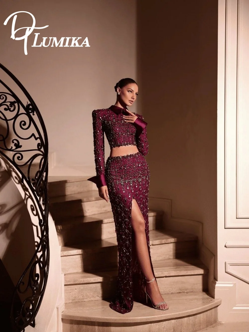 

Formal Banquet Two Piece Evening Set 2026 Lumika Luxury Burgundy Beaded Crop Top And Maxi Skirt With High Slit فساتين سهرة