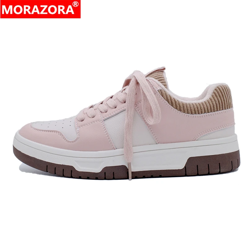 

MORAZORA 2024 New Genuine Leather Shoes Women Sneakers Lace Up Platform Flats Pink Black Spring Summer Ladies Chunky Sneakers