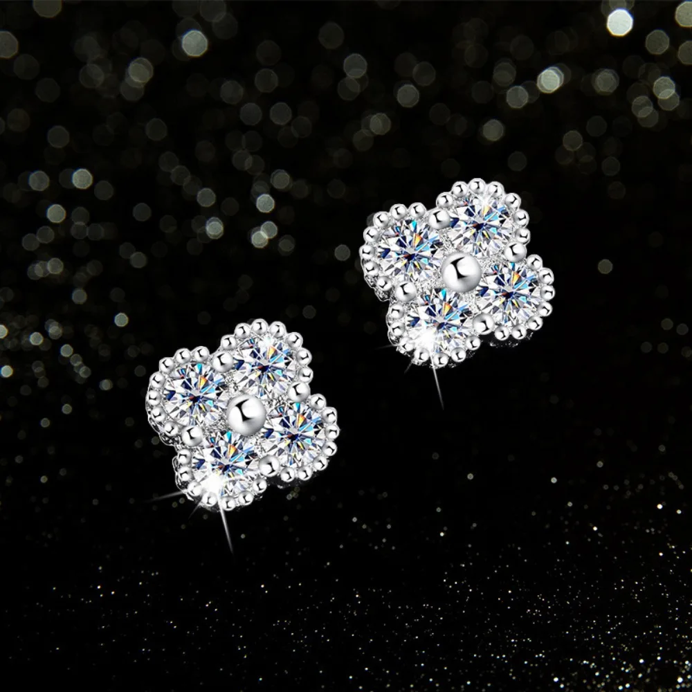 Trumium 1.2CT Moissanite Stud Earrings for Women 925 Jewelry Four Diamond Small Flowers Silver Earring Luxury Exquisite Gift