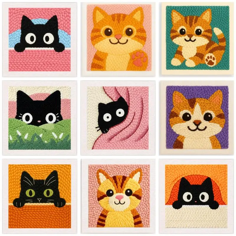 

Cute Cat Pattern Punch Needle Starter Kits For Beginner 25x25cm Easy Punch Needle Embroidery Kit With Frame Craft Needlework Hom