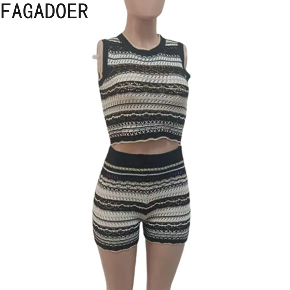 FAGADOER Summer New Striped Knitting Hollow Out Two Piece Sets Women Round Neck Sleeveless Crop Top And Shorts Outfits Clothing