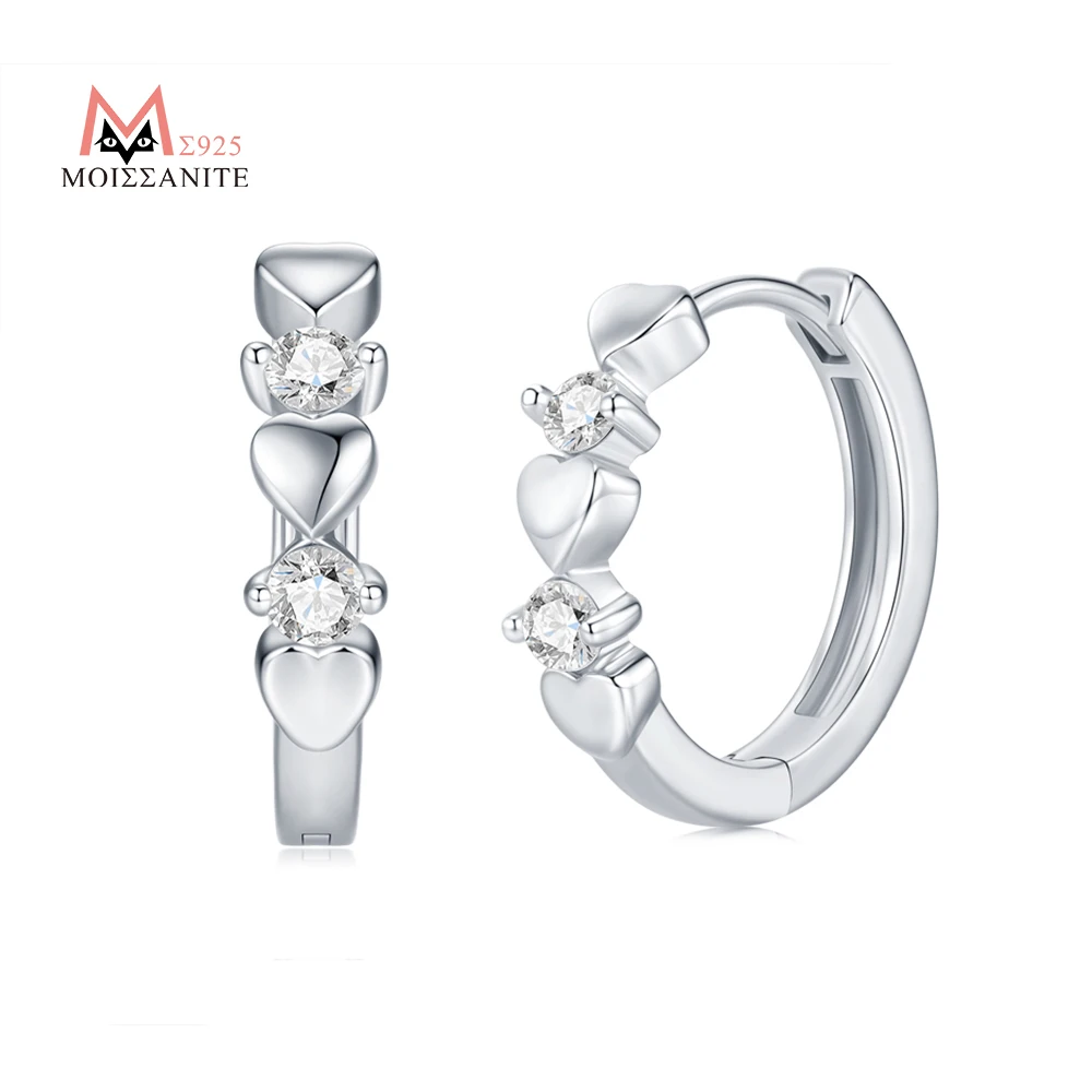 

JIUZUAN S925 Sterling Silver Heart Moissanite Huggie Earrings for Women Cute Small Hoop Design Romantic Jewelry Gift Style