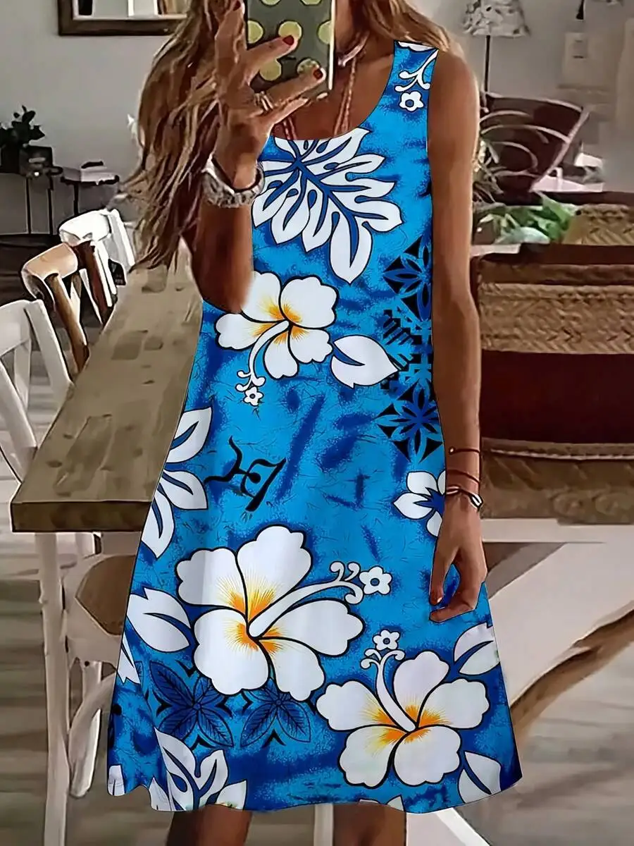 

Women Sleeveless Hawaiian Floral Print Summer Beach Dress