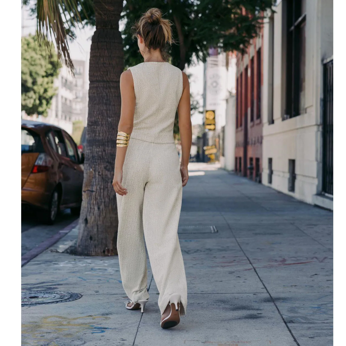 V-Ne Svel Slim Fit Texture Vest 503925 Wide Leg mid Waist Simple Casual Pants 503926 Faion Set Women's Ensemble