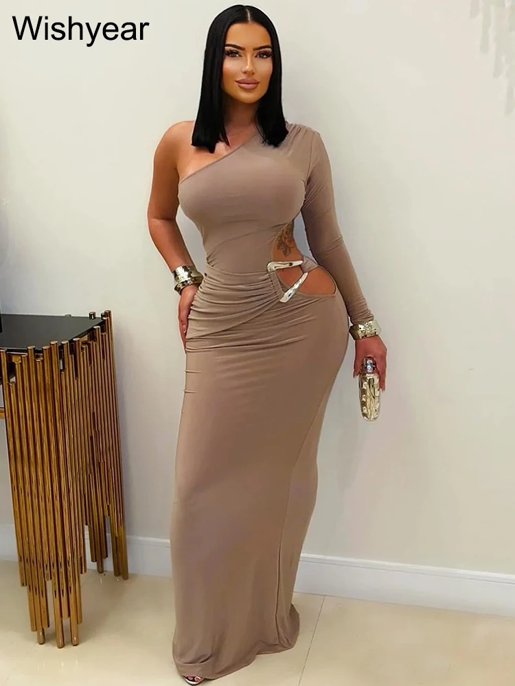 Wishyear feminino elegante vestido maxi longo de um ombro manga preta recorte fino ajuste festa de aniversário natal robe detalhe de metal