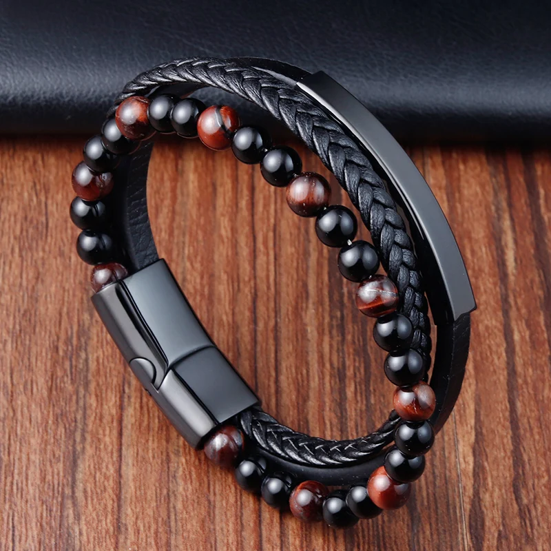 Simple Braided Bracelet Black/Brown Natural Beads Braided Men's Bangle 20.5cm Homme Fashion Jewelry Boyfriend Gift