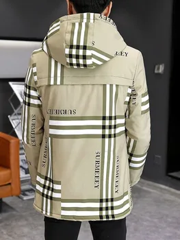 2024 Spring and Autumn New Fashion Checkered Long Hooded Trench Coat Men's Casual Loose Comfortable Windproof Large Size Coat 6