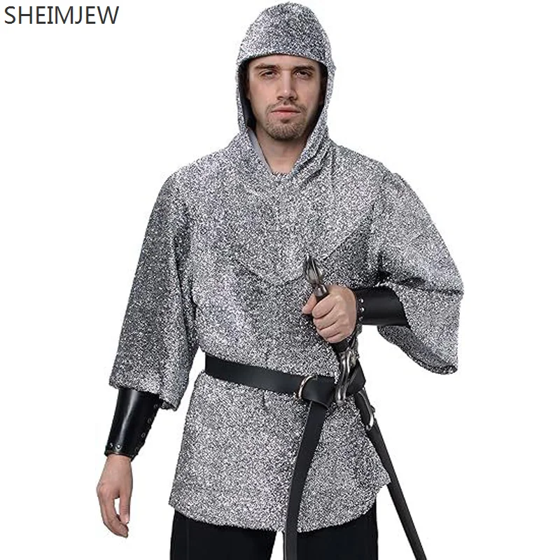 

Halloween Medieval Knight Soldier Cosplay Men's Tops Templar Faux Chain Shirt Renaissance Victorian Crusader Jacket Belt Hat New