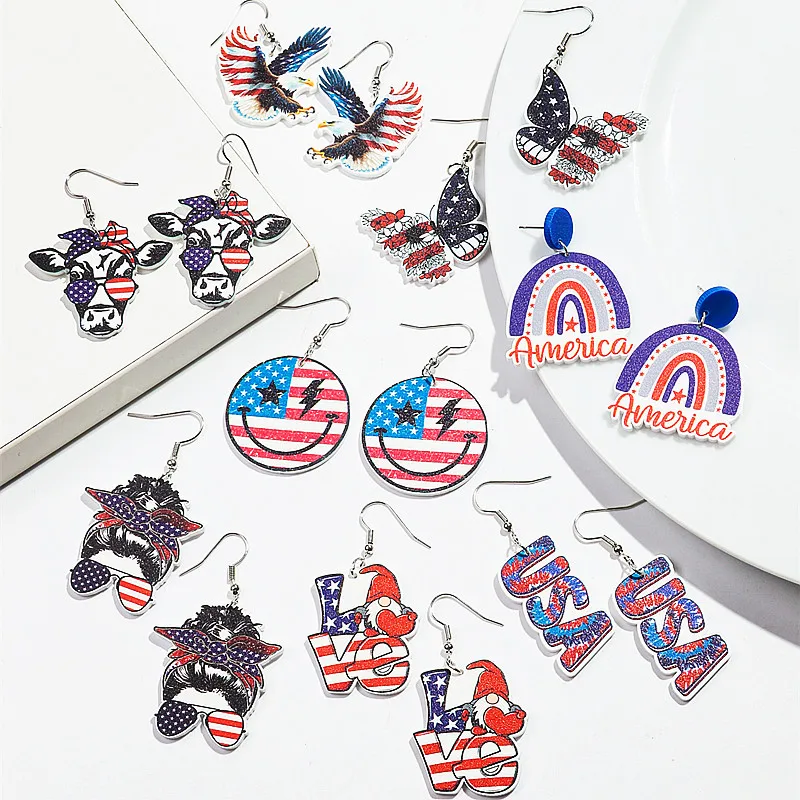 USA Independence Day Acrylic Heart Mouth Smile Face Flag Drop Earrings for Women Funny Bird Cow Butterfly Earrings Jewelry Gifts