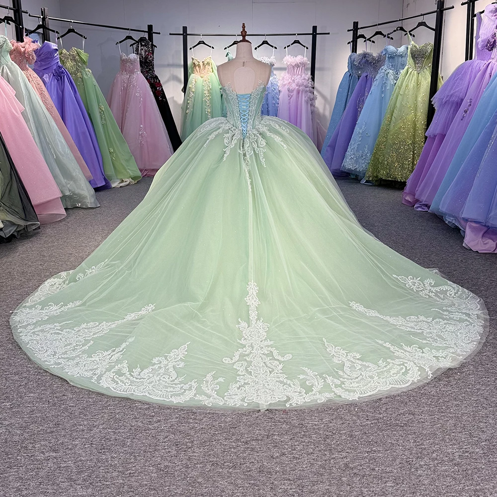 Green O Neck Quinceanrra Prom Dresses Beautiful Sleeveless Customized Princess Long Glitter Sweet 16 Dress Vestidos DY6824