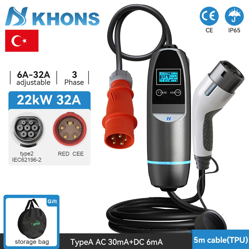 Khons Type2 22kw 전기 자동차 휴대용 충전기 32A 3상 EVSE 충전 빨간색 CEE 플러그 전기 자동차 충전기 Wallbox IEC62196