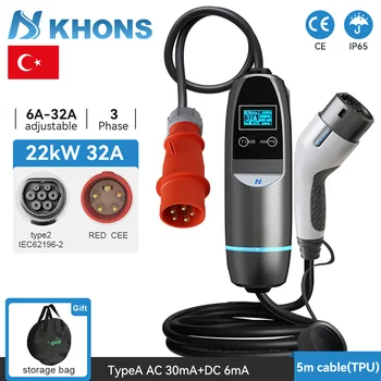 Khons Type2 22kw 電気自動車ポータブル充電器 32A 3 相 EVSE 充電赤 CEE プラグ電気自動車充電器ウォールボックス IEC62196