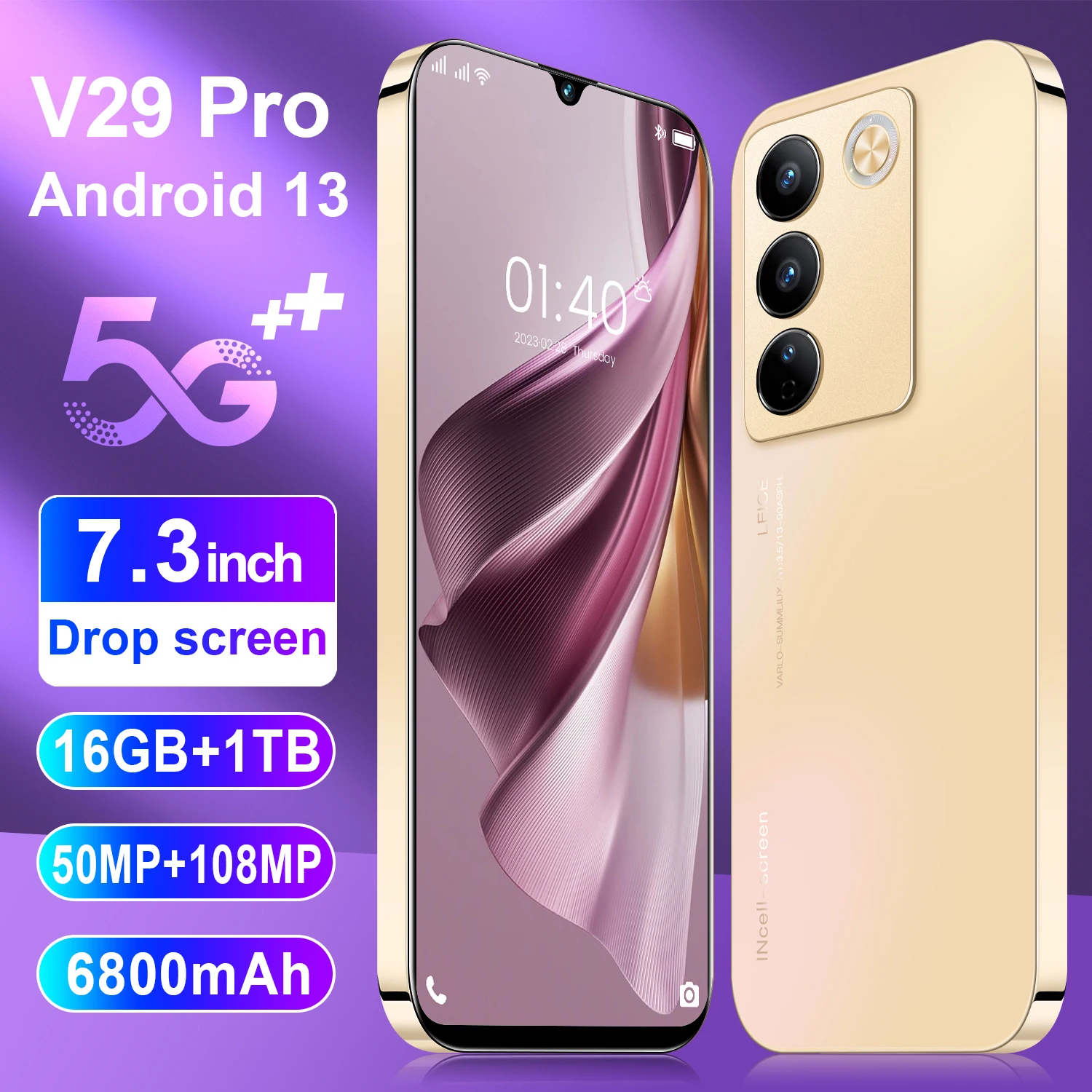 Global Version V29 Pro Smartphone 5G 7.3 Inch Scren Qualcomm 8 Gen 2 108MP Camera Cell Phones Android Phone Unlocked Celulares