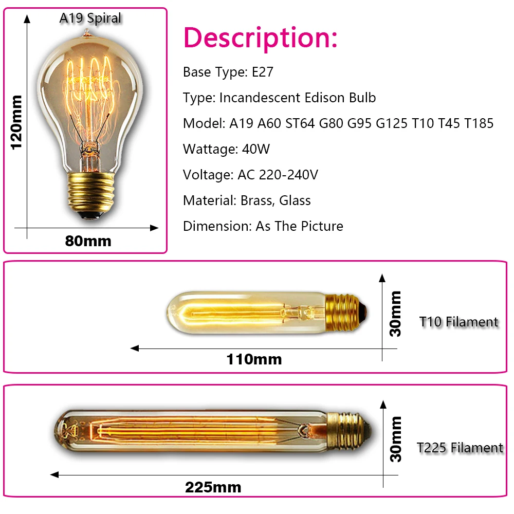 Retro edison lâmpada e27 40w 220v a60 st64 g80 g95 t10 edison lâmpada ampola vintage filamento lâmpada incandescente para decoração de casa