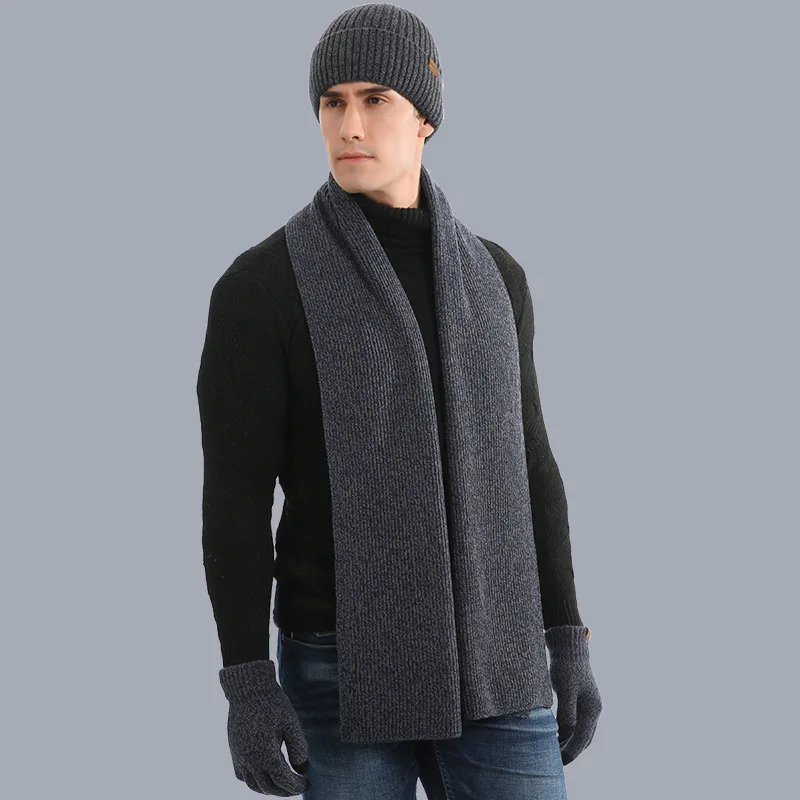 Men\'s Autumn Winter Keep Warm Set Beanie Gloves Scarf Male Woolen Yarn Knitted Muffler Spring Fall Hat Solid Color Neckerchief